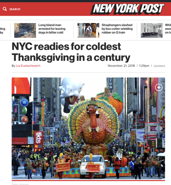 New York City readies for coldest Thanksgiving in a century